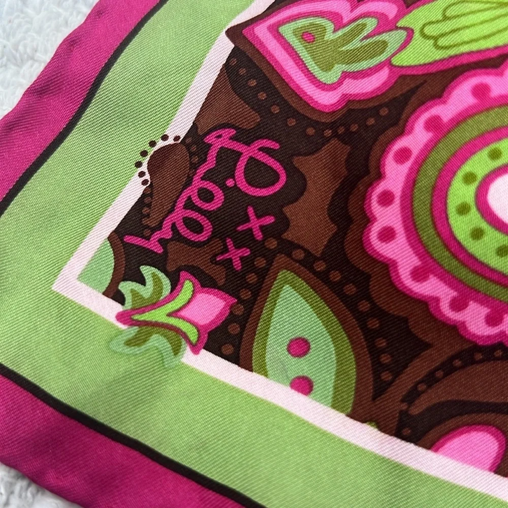 Vintage 100% Silk Mod Paisley Floral Scarf Pink Green Brown 18” Square